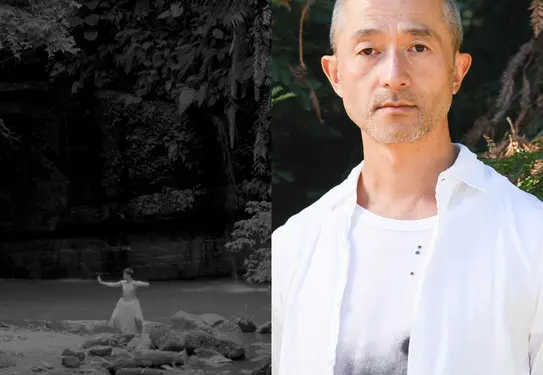 A black-and-white image of a person near a cave with water and plants (left) and a color portrait of a person with short hair who is wearing a white shirt.