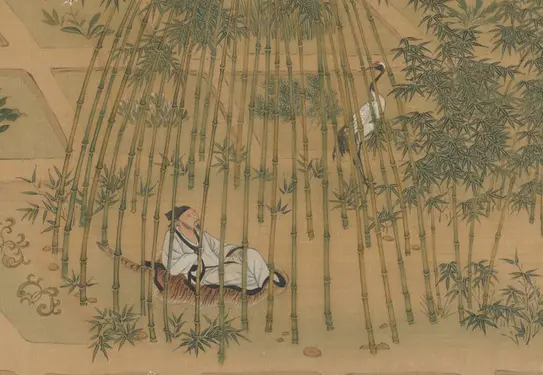 Detail view of a Chinese-style ink painting on silk depicting a person reclining in a bamboo grove, surrounded by a grid of cultivated plants.