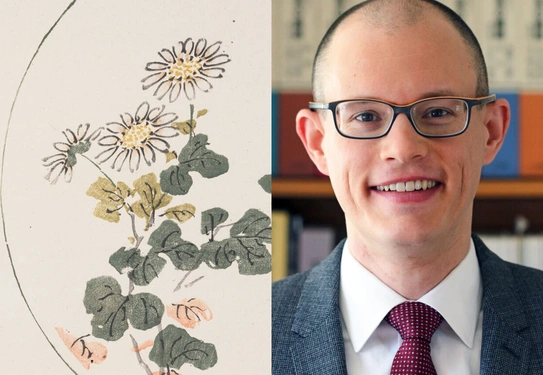 A composite image: An illustration of a flowering plant (left) and a smiling man wearing a suit (right).