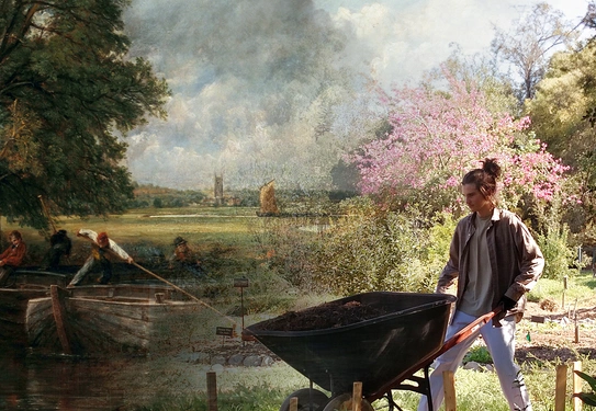 A composite image, on left a cropped painting depicting people cleaning a river, on right a photo of a person with a wheelbarrow in a garden.