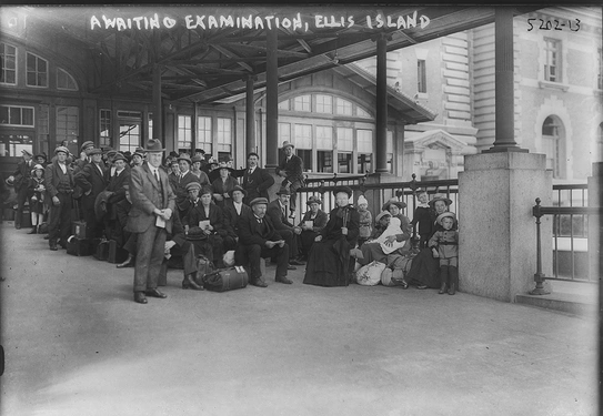 A black-and-white photograph of a large group of people under the awning of a building with large windows. At the top of the photo, in white writing, it reads: “AWAITING EXAMINATION, ELLIS ISLAND.”