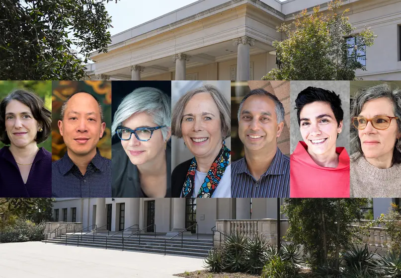 An image of a large white building and seven headshots of people.