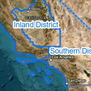 A geographical map of California with blue lines indicating an "Inland" and "Southern" District, as well as three points labeled Fresno, Los Angeles, and San Diego.