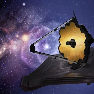 A black and gold satellite against a starry purple sky.