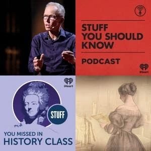 A grid of four images with cover art from various podcasts.