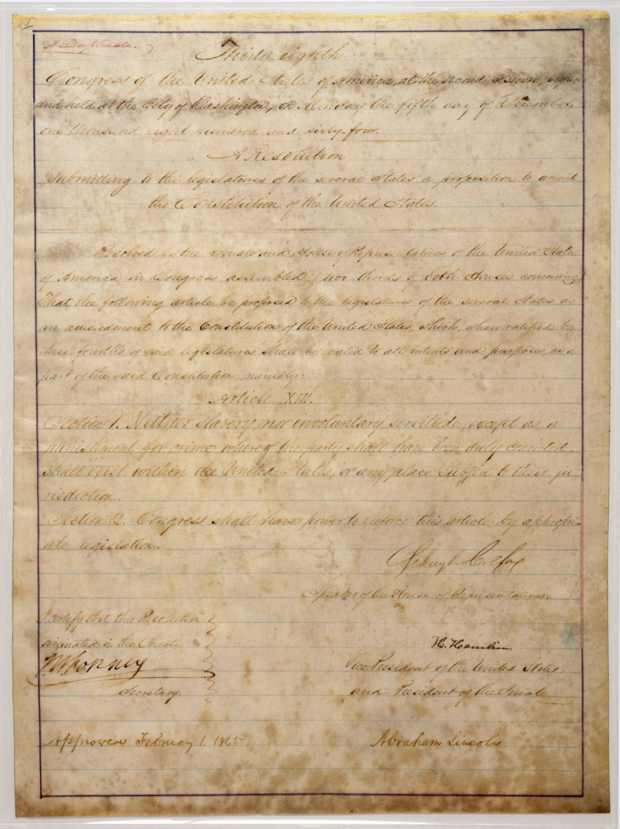 Souvenir copy of the 13th Amendment to the U.S. Constitution