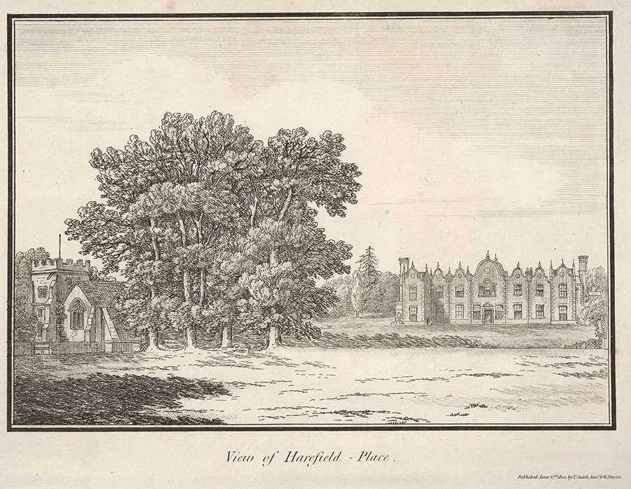 Engraving of Harefield Place with trees and an open field