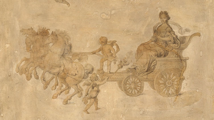 Marie Anne Christine on a horse-drawn carriage with the assistance of cherubs.