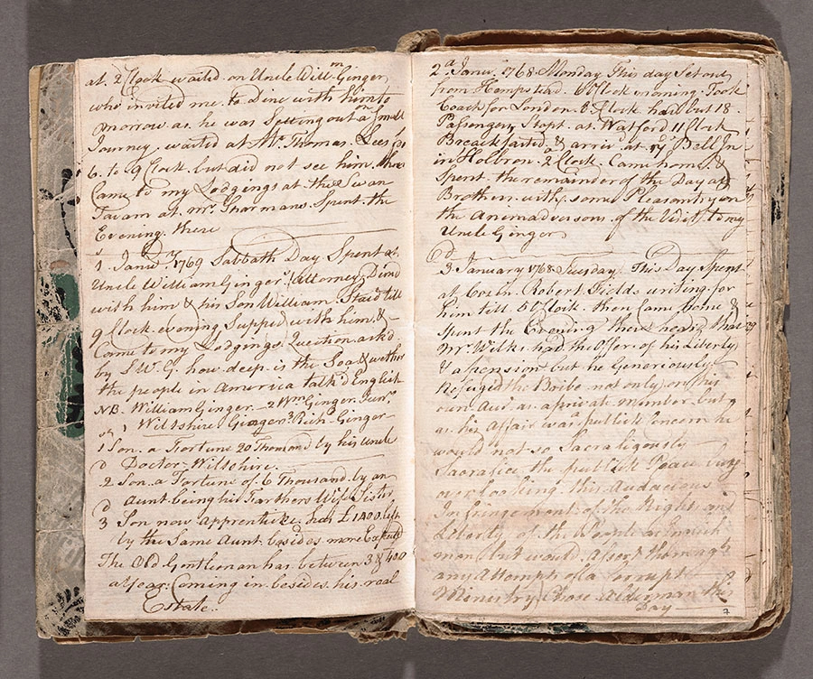 Two pages of an 18th-century diary with cursive writing.