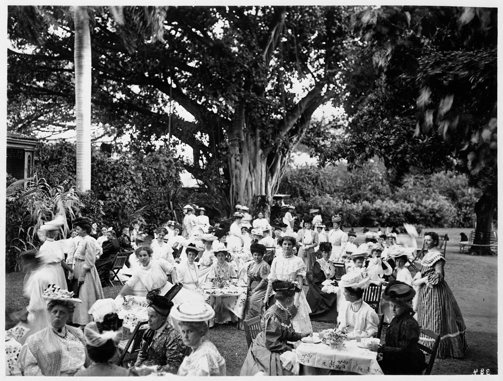 A group of people in fancy dresses gather in a garden.