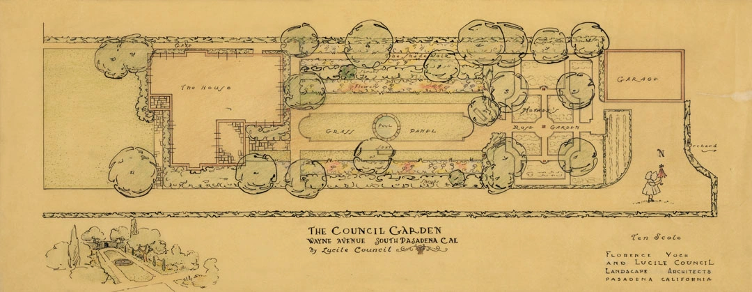 A landscape drawing on yellow paper, with plans for a long, narrow garden with trees and a lawn.