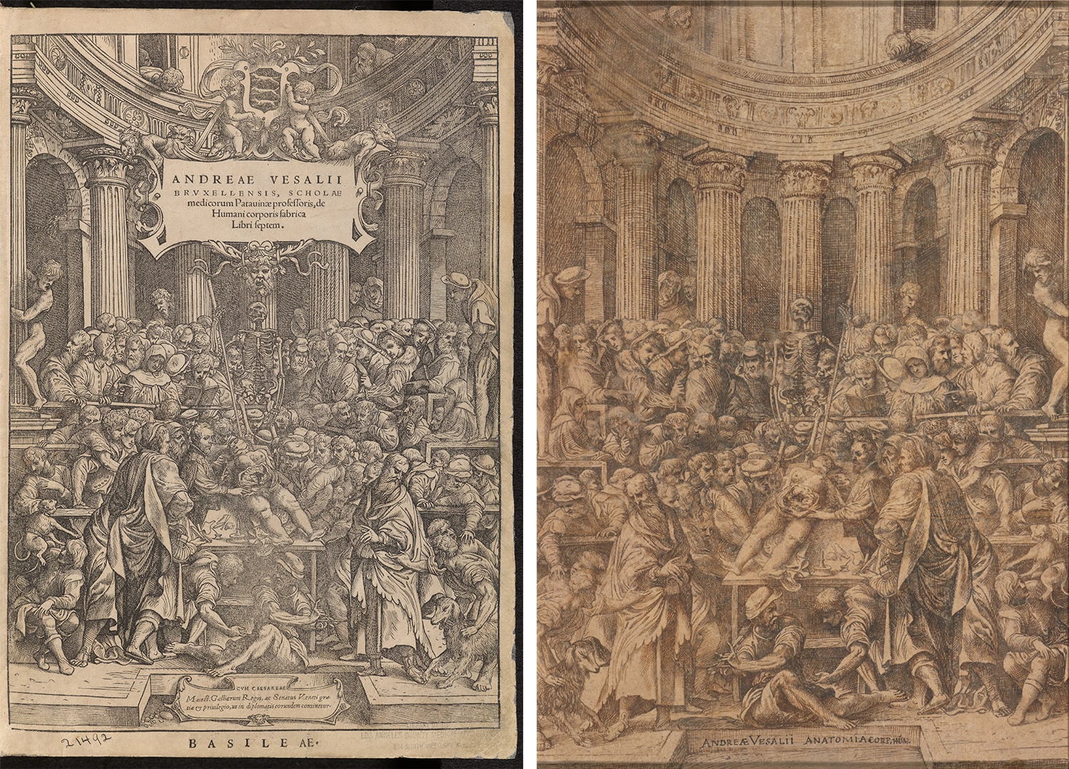 Two title pages that depict a public dissection with many people.