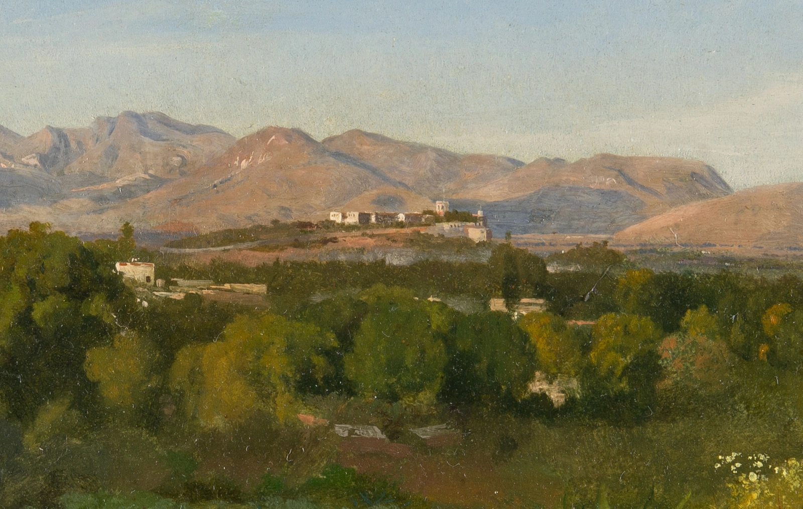 A painting of a landscape with dense trees and mountains in the distance.