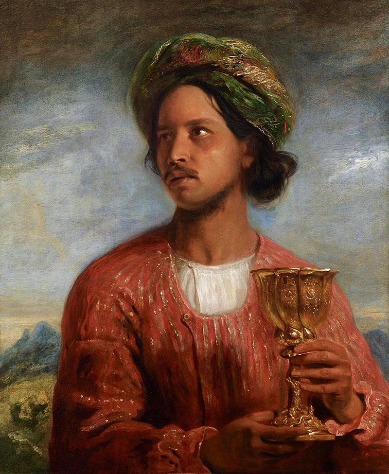 Portrait of a mustached person holding a gold with silver-gilt cup.