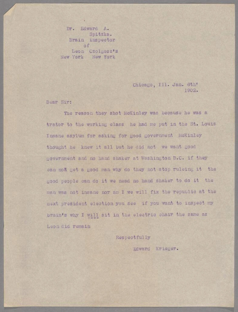 A typed letter in purple ink dated Jan. 6, 1902.