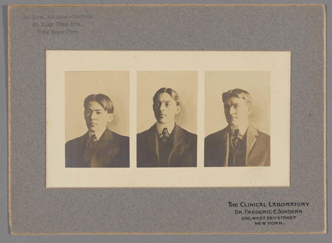 Images of three brothers set into a larger photo card holder with text that reads “The Clinical Laboratory, Dr. Frederic E. Sondern.”