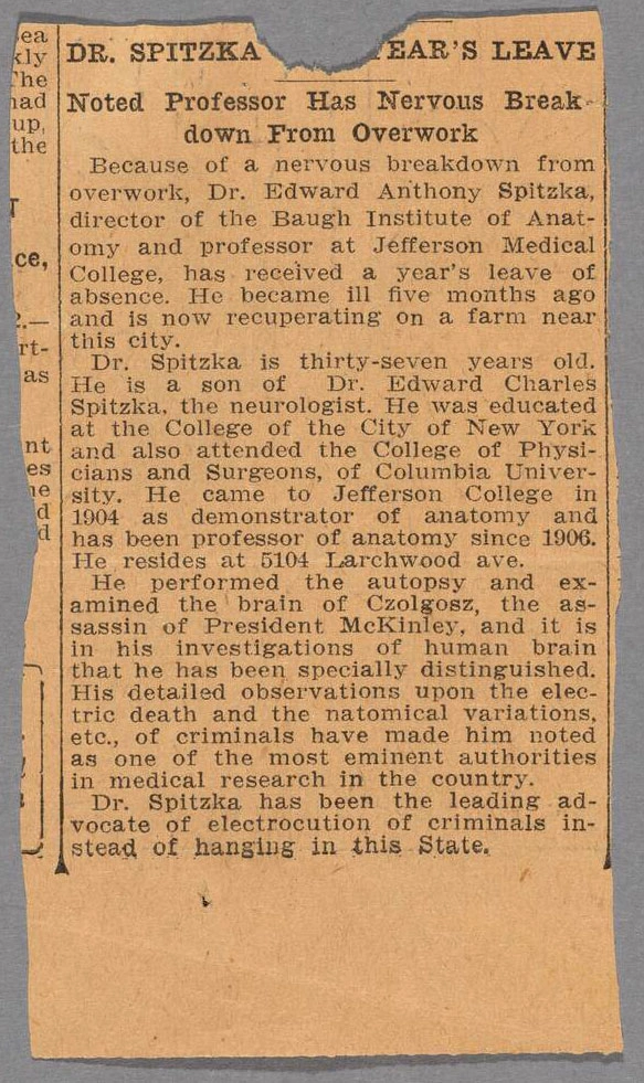 A short newspaper article with the subhead “Noted professor has nervous breakdown from overwork.”