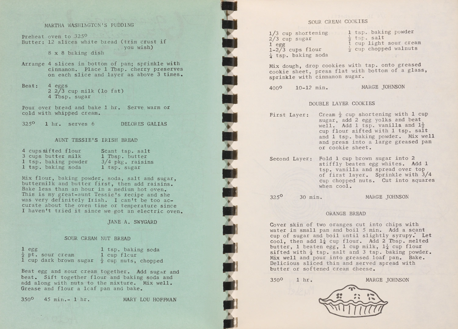 An open cookbook with recipes on a green page and a tan page.