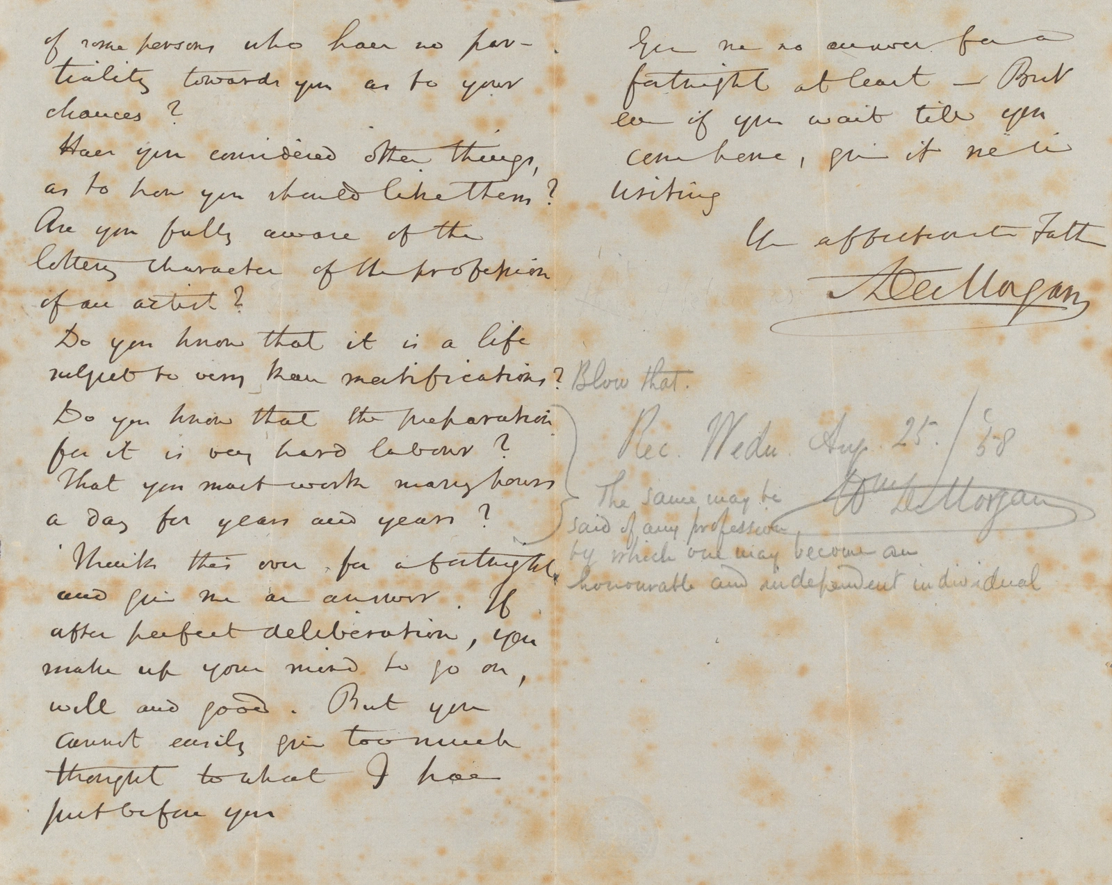 A handwritten letter on tan paper with orange aging spots throughout.