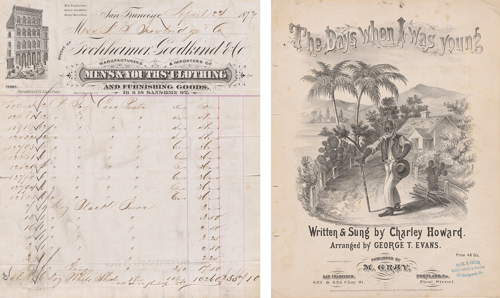 A receipt from a clothing company with preprinted and handwritten text (left), and a drawing of an older man with a cane in front of a small home surrounded by palm trees (right).