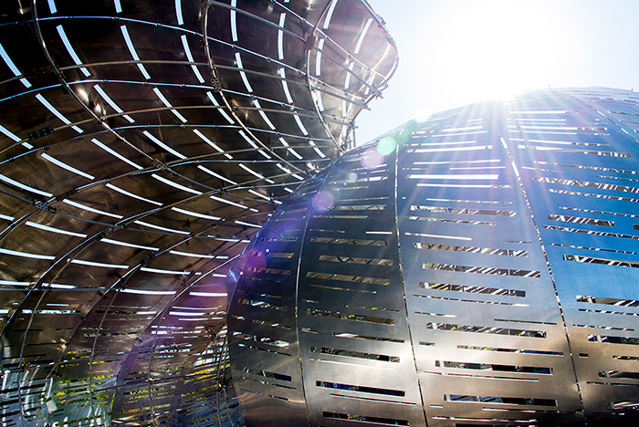 The cuts in the panels represent the orbits of satellites, which circle the globe approximately every 90 minutes. Photo by Kate Lain.