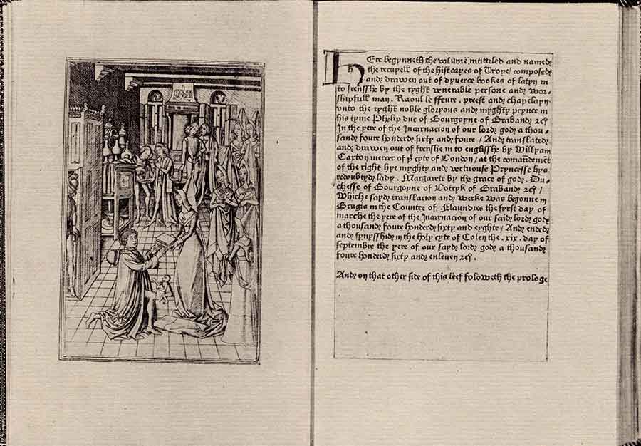 The first printed book in the “englysshe tonge” was Recuyell of the Historyes of Troye (“A Collection of the Histories of Troy”), published by William Caxton around 1475. The Huntington’s unique edition was one of the highlights of an exhibition on early English printing that was promoted in the newsletter in 1970. The Huntington Library, Art Museum, and Botanical Gardens.