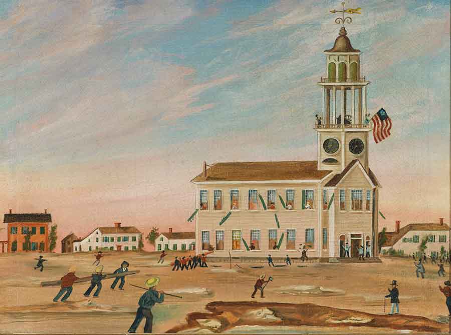 Before the Burning of the Old South Church in Bath, Maine by John Hilling, ca. 1854, oil on canvas, 21 3/4 x 27 7/8 x 2 1/8 in. (55.2 x 70.8 x 5.4 cm.). Jonathan and Karin Fielding Collection. The Huntington Library, Art Museum, and Botanical Gardens.