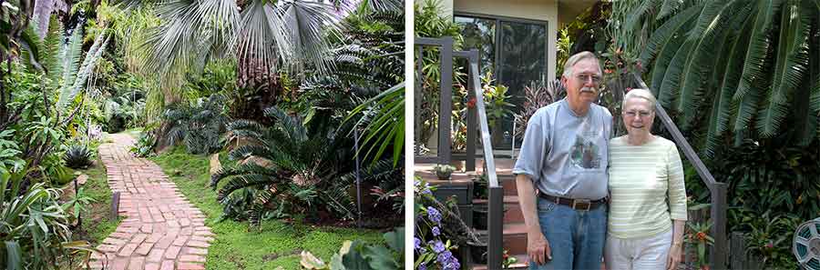 Left: Cycads lining a brick walk in Loran Whitelock’s home garden in 2014, shortly before The Huntington acquired his cycad collection. Photo by Kate Lain. Right: Loran Whitelock and his wife, Eva, in front of their home. Photo by Jim Folsom.