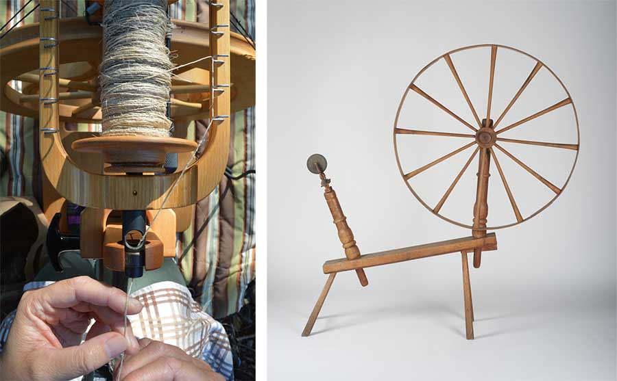 Left: Using a spinning wheel, Fernandez spins flax fibers into thread. Photo by Kelly Fernandez. Right: Spinning wheel, American, early 18th century, wood and paint. Gift of Jonathan and Karin Fielding. The Huntington Library, Art Museum, and Botanical Gardens.