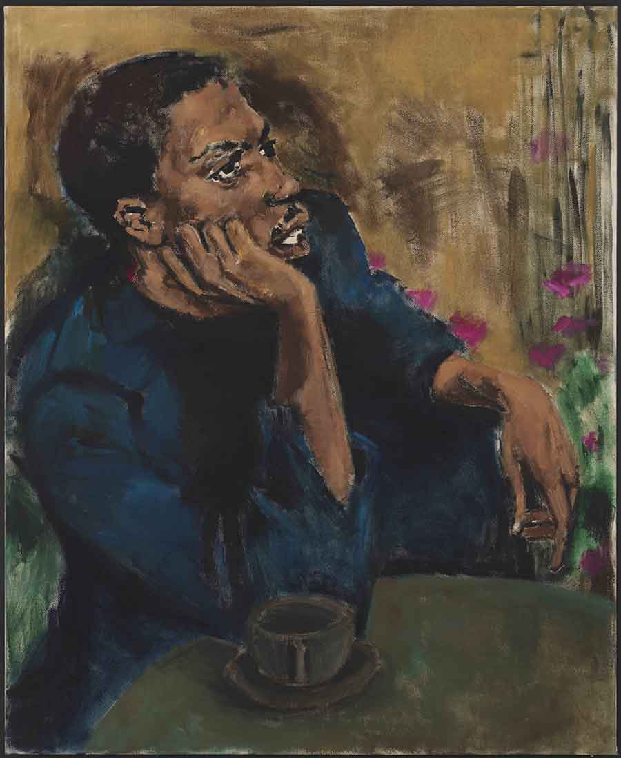 Lynette Yiadom-Boakye, Brothers To A Garden, 2017. Oil on linen, 59 x 48 in. © Lynette Yiadom-Boakye. Courtesy of the artist, Jack Shainman Gallery, New York and Corvi-Mora, London.