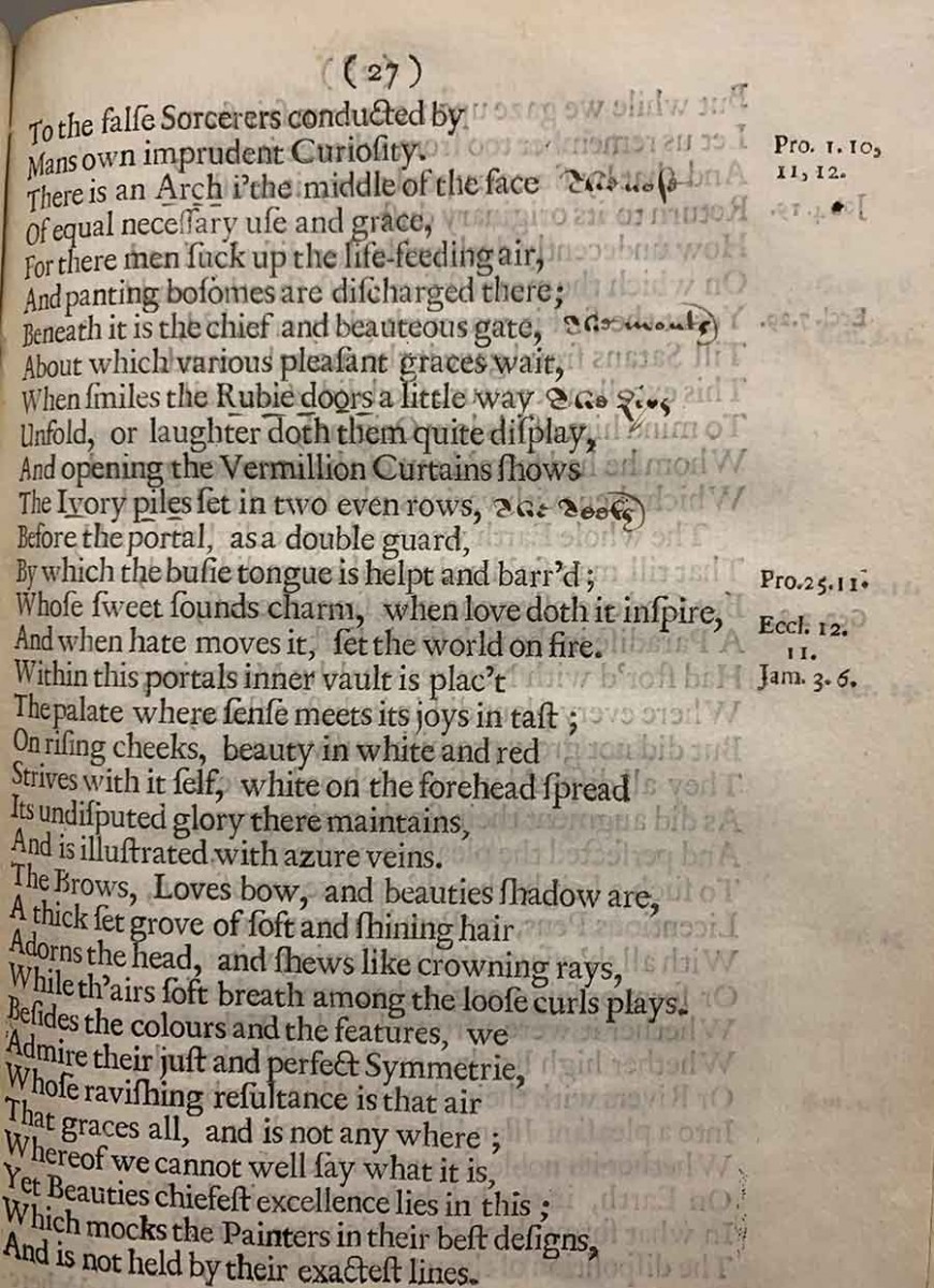 Early handwritten annotation on The Huntington’s copy of Lucy Hutchinson’s Order and Disorder. The annotation glosses metaphors in the poem as meaning “The nose,” “The mouth,” “The Lips,” “The Teeth.” The Huntington Library, Art Museum, and Botanical Gardens.