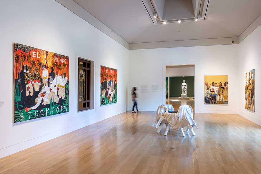 Ann Greene Kelly’s Table appears opposite Harriet Goodhue Hosmer’s sculpture Zenobia in Chains in The Huntington’s Virginia Steele Scott Galleries of American Art. On the left wall is a diptych by Umar Rashid; on the front and right walls, works by Brandon Landers. Ann Greene Kelly, Table, 2020, plaster, wood, fabric, tire, aluminum, plastic, graphite, colored pencil, paper, 54 × 54 × 30 in. (137.2 × 137.2 × 76.2 cm). Courtesy of the artist, Chapter NY, and Michael Benevento, Los Angeles. Left wall: Umar Rashid, Stockholm, Califas 1795. Adios Sancho, mi torturador. Todavia te queiro. (Goodbye Sancho, my tormentor. I still love you). On the colonized mind, or a possible escape into apathy. Or unbridled joy upon the death of your oppressor, followed by raucous laughter, 2020, acrylic on canvas (diptych), (Left): 72 × 84 in. (182.9 × 213.4 cm), (Right): 72 × 84 in. (182.9 × 213.4 cm). Courtesy of the artist. Front wall: Brandon Landers, R R, 2020, oil on canvas, 67 5/8 × 51 1/4 in. (171.8 × 130.2 cm). Courtesy of the artist. Right wall: Brandon Landers, Thursday, 2020, oil on canvas, 74 5/8 × 55 in. (189.5 × 139.7 cm). Courtesy of the artist. Photo by Joshua White.